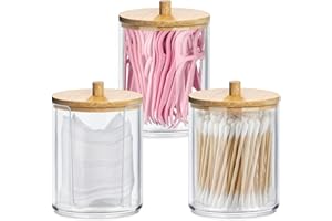 Gigmeta 3 Stück Acryl Wattestäbchen Behälter, Wattepads Aufbewahrung mit Bambus Deckeln, Wattestäbchen Halter, Wattestäbchen Behälter, Wattepadspender für Wohnzimmer, Schlafzimmer, Badezimmer