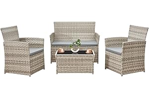 YAANGAGPE 4-Piece Rattan Garden Furniture Set with Glass Coffee Table, Double Loveseat & 2 Cushioned Chairs, Weather-Resistant Patio Sofa Set- Modern PE Wicker Design for Conservatory, Balcony & Poolside