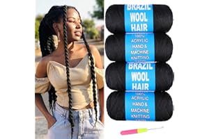 Ainimiu 4 Roll Natural Black Brazilian Wool Hair for Braiding Hair Acrylic Yarn Crochet Box Braids Senegalese Twist Jumbo Braids Faux Locs Crochet Hair for Women Synthetic Braiding Hair Extensions