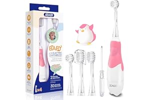 Seago Brosse À Dents Électrique Bébé Enfant 0-3 Ans Kids Brosse A Dent Electrique à Piles et Minuterie Intelligente Lampes à LED de Couleur étanche et 4 Têtes de Brosse SG513 (Bébé Rose)