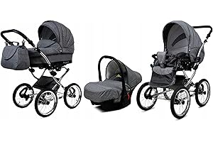 BabyLux® Bambimo Kinderwagen Set 3 in 1 - Margaret Exclusive - incl. Babywanne, Buggy Sportsitz, Auto-Babyschale - Autositz - Kinderwagenset - Kombikinderwagen mit Wickeltasche, Regenschutz usw.