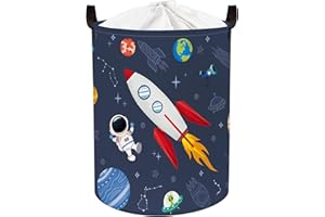 Clastyle 45L Cesta Ropa Sucia Chicos Azul Planeta Astronautas Cestos Almacenaje Juguetes Niños Plegable Redonda de Dormitorio, 36x45 cm