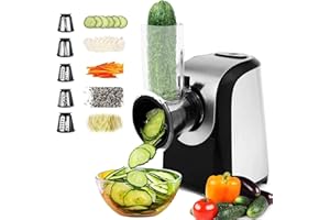 NICTEMAW Cortadora de Verduras Eléctrica 5 en 1, 150W Rallador Multifunción con Tambores de Acero Inoxidable, Rallador de Cocina Eléctrico para Zanahorias, Patatas, Queso, Frutas y Ensaladas