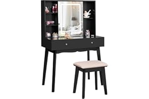 BEWISHOME Tavolo da Toeletta con Luci,Postazione Trucco Luminosità Regolabile,Tavolo da Trucco con Specchio Scorrevole,Toletta Piccolo,Tavolo da Toeletta con Sgabello Nero FST15H