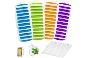 Bekecidi Juego de 4 moldes para hacer hielo con tapa extraíble, bandeja de hielo cilíndrica larga creativa, bandeja de cubitos de hielo con fondo de pegamento suave, fácil de liberar del molde