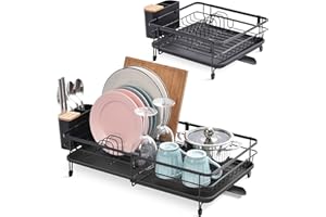 KINGRACK Escurreplatos, Escurreplatos sobre Fregadero, Escurridor de Platos Extensible de Gran Capacidad, Escurridor de Platos para Fregadero con Soporte para Cubiertos Extraíble, Negro