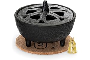 Anbar Lotus Flower Incense Burner, Cast Iron Bowl and Lid for Sticks, Cones, Wax Melts, Charcoal and Resin, Traditional Oriental Zen Home Decor, Supports Aromatherapy and Mindfulness