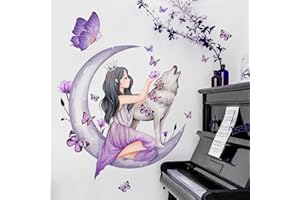 OOTSR autocollants pour chambres de filles,Décalque mural lune loup fleur fée,Décor mural floral rose Papillons colorés Décoration murale pour fille, bébé, chambre