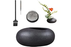 WANDIC Blumenarrangement Set, Ikebana Schale Japanisch Vase Schwarzer Keramik Übertopf mit 4 cm Kenzan Blumen Frosch Töpferware, Blumenstecknadel, Nadelhalter für Heimdekoration