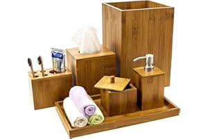 HOMION Bamboo Toilet Bathroom Accessory 6pc piece Set Soap Dispenser Soap Dish Toothbrush Holder Tray Toilet Bin Tray Toilet Set Compact Bath Set Natural Colour