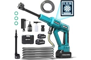 Geevorks Nettoyeur Haute Pression sans Fil, 900 PSI avec Batterie Rechargeable 2x3,0 Ah, buse 6 en 1/Tuyau de 5 m, mit LED-Display pour Nettoyage de Voiture/Maison/Sol