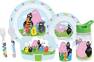 FUN HOUSE | Set Complet Boite Repas Barbapapa Pour Enfant | 1 Verre, 2 Assiettes + Couverts + Gourde et Boite Goûter | Licence Officielle | Réutilisable et Micro-ondable | Idée Cadeau Enfant