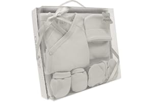 Duffi Baby Set Primera Puesta Bebe Recien Nacido 5 Piezas. Set Regalo Bebe Liso. Conjunto Primera Puesta Bebe con Chaquetita, Polaina, Gorro, Babero y Manoplas. 100% Algodon. Color Gris