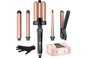 5 in 1 Lockenstab 3 Fässer,BESTOPE MIX Welleneisen für Haare mit Glätteisen,Welleneisen mit Einstellbarer Temperatur,Lockenstab mit Verschiedenen Aufsätzen,Curling Iron mit Handschuh 2 Clips