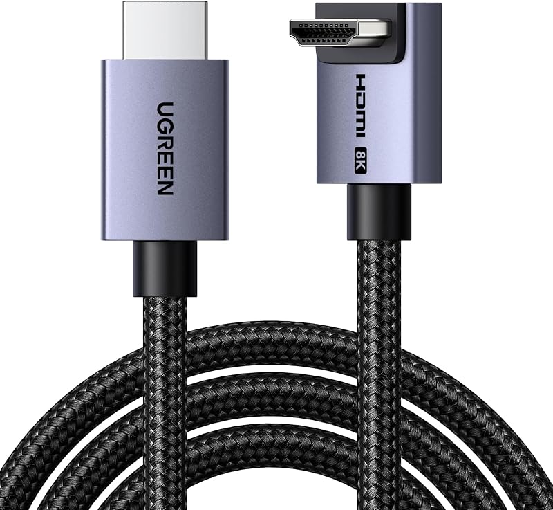 UGREEN 8K 10K 90 Degree HDMI Cable 48Gbps 6.6FT, Ultra High Speed Right Angle HDMI 2.1 Braided Cord, 4K@240Hz 8K@60Hz, HDCP 2.2&2.3, eARC HDR 10 Compatible with PS5/Blu-ray/Roku TV/Switch 2/Mac mini