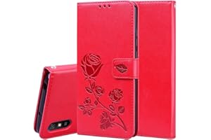 RankOne Estuche Tipo Billetera de Cuero para Redmi 9A / Redmi 9AT (6.53" Inches), con Tarjetero, Diseño de Rosas, Funda Tipo Libro con Tapa - Rojo