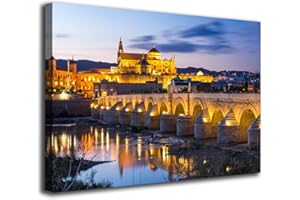 INGENIA HOME Cuadro lienzo canvas Cordoba Puente Mezquita y Catedral luces al atardecer Andalucia – Varias medidas - Lienzo de tela bastidor de madera de 3 cm - Impresion en alta resolucion (50, 33)