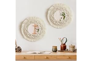 Nice Dream Montaje en Pared Espejo Redondo Espejo de Pared con Diseño de Macramé 2 Piezas de Espejo con Flecos de Boho de Plumas Estar Dormitorio Cuarto de Bebé (Ronda 2 Piezas)
