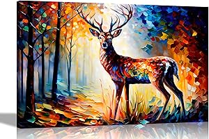 Artley Prints - Majestic Deer in Forest Colourful Canvas Pictures for Walls - Art for Living Room Abstract Animal Artwork Prints, 30 x 20cm (12 x 8 inches) A4