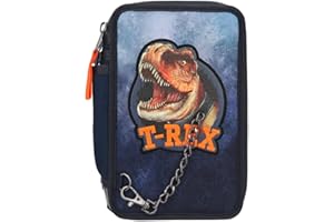 ‎DEPESCHE Depesche 11865 Dino World - Gefüllte 3-fach Federtasche im Dinosaurier-Design, Federmappe in Dunkelblau mit Buntstiften, Lineal, Schere uvm.