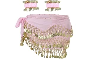 Morices Belly Dance Hip Scarf with Bracelets, Chiffon Belly Dance Scarf Wrap Belt Sash Skirt with Gold Coins for Performance Costume Belly Dance Yoga Class