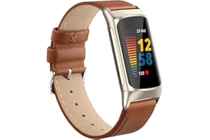 Tuocal Echtleder Armband Kompatibel mit Fitbit Charge 5 Armband für Damen Herren, Weiches Atmungsaktives Echtleder Ersatzarmband Sport Armband für Fitbit Charge 5 Aktivitäts Tracker, Klassisch Braun