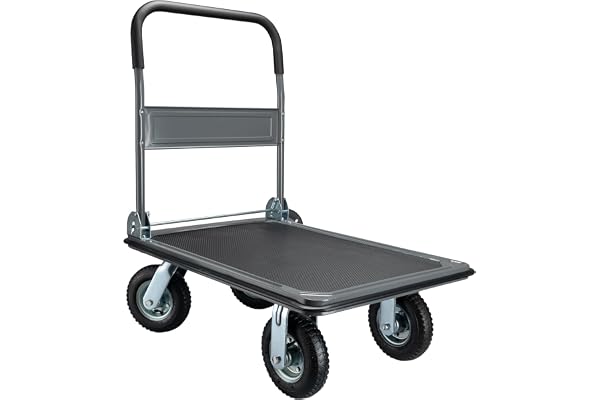 Wiltec Plattformsvagn 300 kg hopfällbar transportvagn med gummiklädd lastyta 89,5 x 61 cm och pneumatiska hjul för flyttning och transport i lager och magasin