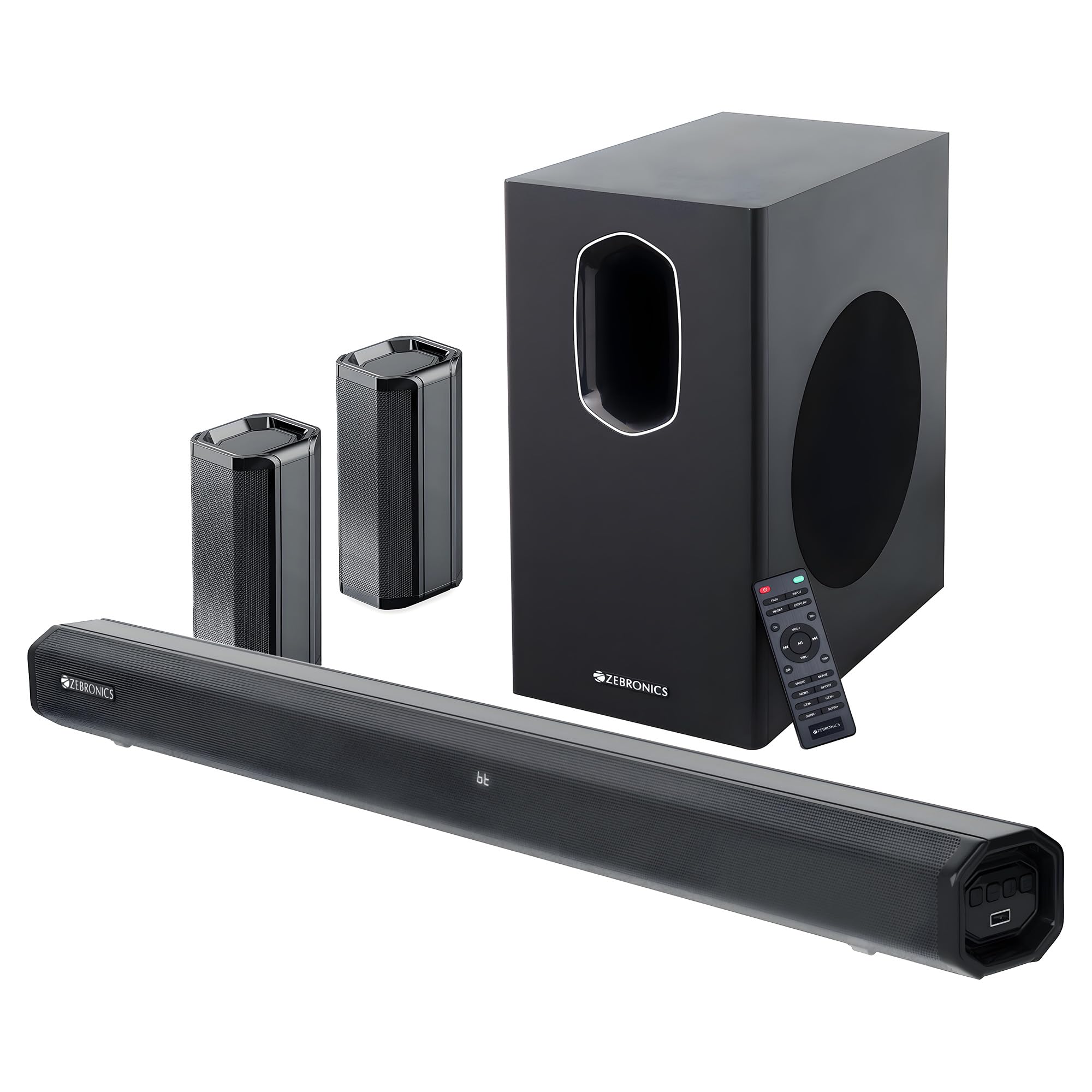 ZEBRONICS Juke BAR 7600 Soundbar, 300 Watts, 5.1 Surround, Dual Rear Satellites, Triple Driver Soundbar, 6.5"" Subwoofer, Bluetooth | HDMI (ARC) | Optical | USB | AUX