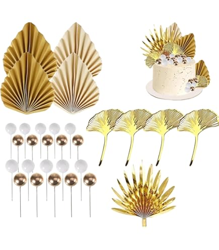 Set Decorazioni Per Torta Boho: Palline Oro E Nere, Foglie Di Palma, Erba E Scritta Happy Birthday