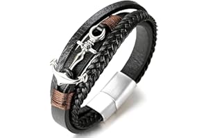 Halukakah ● Segeln ● Herren-Armband Handgefertigt | Echtleder Schwarz | Magnetverschluss Edelstahl | Wickelarmband 3 Runde | Titan Anker | KOSTENLOS Geschenkbox | Größe Einstellbar 21.5cm-23cm