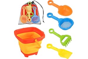 NQEUEPN 6pcs Beach Toys Set, Collapsible Bucket with 4 Shovels Sand Toys & Mesh Bag Portable Foldable Pail Bucket for Kid Toddler 1-10 Years Old Sandbox Castle Building Kit Beach Activity Accessories(Orange)