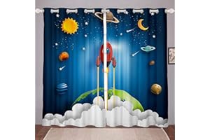 TBRAND Tende blu astronauta razzo per camera da letto e soggiorno, per bambini, ragazzi e ragazze, tende per finestre, stampa razzi spaziali, decorazione per la stanza, 167,6 x 228,6 cm (larghezza x