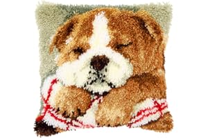 ROCKY&CHAO Latch Hook Kit for Adults, Sleeping Puppy 17X17Inch, Latch Hook Dog Pillow Case Kits, DIY Latch Hook Cushion Kits, Cross Stitch Embroidery Kits Cushion Making Kits Home Decor 43x43cm