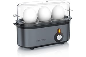 Arendo - Cuiseur à oeufs en acier inoxydable Threecook, Egg cooker 1-3 oeufs, Dur, Mollet ou à la Coque, Verre doseur avec Perce, Indicateur Lumineux, 210W, Base anti-dérapante, sans BPA, certifié GS
