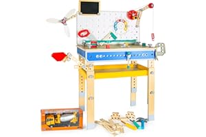 leomark Banco de Trabajo Infantil 117 Piezas con Herramientas + Camión Hormigonera de Metal – Taller de Madera para Niños con Pizarra, Accesorios y Estantería – Juguete Educativo 3+ Años