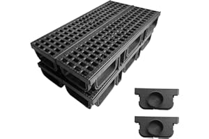 NATOTELA HDPE Channel Drain and Grating-4Pack 2Mtr A15 Drainage Channel Shallow Profile Drain Channel System Non-traffic Drain Channel for Pedestrian,Patio,Landscaping,Garden,Balcony(50Lx14Wx9.3D) cm