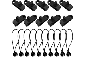 Aohcae 10 sztuk klipsów do plandeki namiotowej i 10 sztuk napinaczy do plandeki, klipsy do linoleum, gumki napinające z kulką, napinacze plandek z hakami do namiotów, plandek, plakatów, banerów
