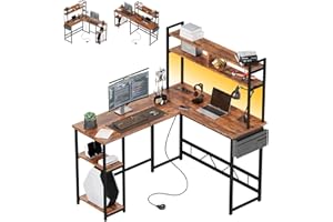 Flamaker L-förmiger Schreibtisch Regal mit LED Lights & Power Reversibel Eckschreibtisch mit 2 Steckdosen und 2 USB Ladeanschluss 140 * 120 Langen Computertisch, Vintage Braun
