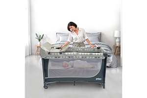 Priori Baby Nauta Cuna de Viaje Plegable 5 en 1 para Bebé - con Cambiador, Móvil Juguetes, Bolsillos Laterales, Ruedas Freno, Bolsa Transporte, 0-3 Años hasta 15 kg (Gris)