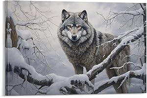 FOCCAR Rustikales Wolfsgemälde auf Leinwand, Wandkunst, modernes graues Tier, Winter, Schnee, Leinwanddrucke, Poster, Wanddekoration für Heimdekorationen