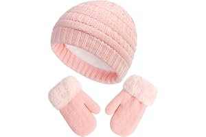 HHOOMY Kids Winter Warm Beanie Hat Gloves Set Double Layer Thermal Knit Cap with Fleece Lining for Girls Boys Children Aged 2-6 Years Old