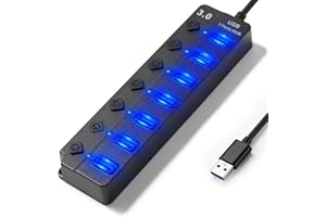 Hoppac Hub USB Multipresa a 7 Porte (1 USB 3.0 6USB 2.0) con Interruttori Indipendenti, Spie LED e Cavo da 1m - Ciabatta USB Multi Porte Plug & Play per PC, Laptop
