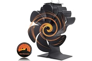 PYBBO 6 Blade Wood Burner Fan for Heat Circulation | Thermometer & Heat Powered Stove Fan | Eco-Friendly, Efficient Heat Distribution for Fireplace & Log Burner | Small & Easy to Use