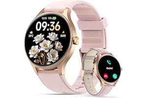 Woneligo Smartwatch Damen Herren Rund(2 Armbänder), 1.27" HD Zoll Touchscreen 40mm Smart Watch mit Telefonfunktion/KI-Sprachassistent, 120 Sportmodi Fitness Tracker mit Herzfrequenz, SpO2, Rosa