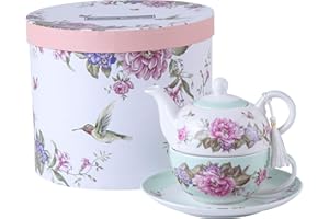 London Boutique Tea for One Teapot Cup suacer Set Shaby Chic Flora Bird Rose Butterfly Porcelain Gift Box (Teal)