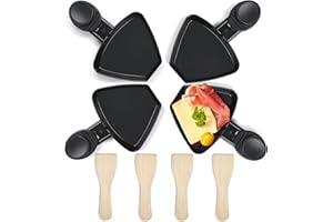‎HENGBO HengBO Raclette Pfännchen Set 4 Stück Mini Antihaftbeschichtet Raclette Pfännchen Ersatz mit 4 Holz Raclette Schaber für Bereitstellung von Raclette Käse Eiern Service (Schwarz）