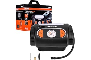 OSRAM TYREinflate 2110, analog tryckmätare, upprullningskabel med säkrad 12V DC-kontakt, däckpumpning på 4 minuter