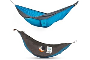 Ticket to the Moon Fair Trade & Artisanal 1-2 Pers. Léger Kingsize-Hamac Aqua/Gris pour Voyages, Camping, Jardin, XL 3.2 * 2.3m, 700g, Nylon en Soie De Parachute, Installation < 1min