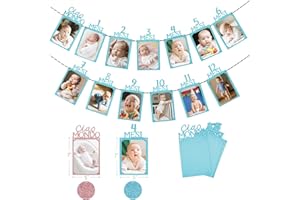 Samchey Striscione Primo Compleanno con Cornice Foto da Neonato a 12 Mesi – Decorazioni 1 Anno Bambina/Bambino – Banner Mensile per Foto Crescita – Festone Rosa Oro/Blu