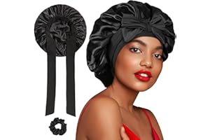 FOLAI Silk Bonnet, Satin Bonnets for Sleeping, 1 PCS Adjustable Hairs Bonnetss for Women and Hairs Band, Hairs Silk Bonnet for Sleeping, Hairs Bonnets with Tie Band for Curly Hair Braid Women Black
